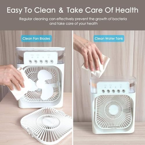 Ahuja International Mini Air Cooler, USB Desk Fan, Personal Evaporative Cooler with 7 Colors Light, 1/2/3 H Timer, 3 Wind Speeds and 3 Spray Modes for Office, Home, Travel Mini Fan