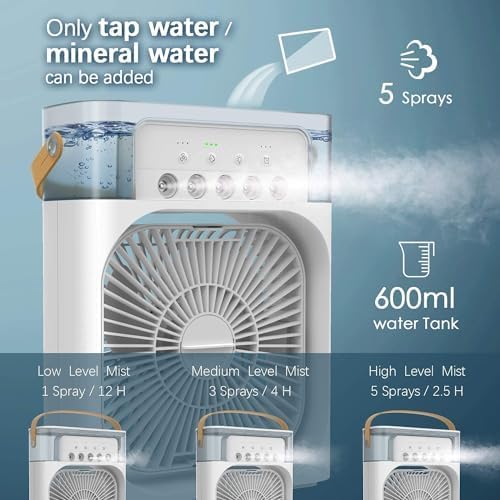 Ahuja International Mini Air Cooler, USB Desk Fan, Personal Evaporative Cooler with 7 Colors Light, 1/2/3 H Timer, 3 Wind Speeds and 3 Spray Modes for Office, Home, Travel Mini Fan