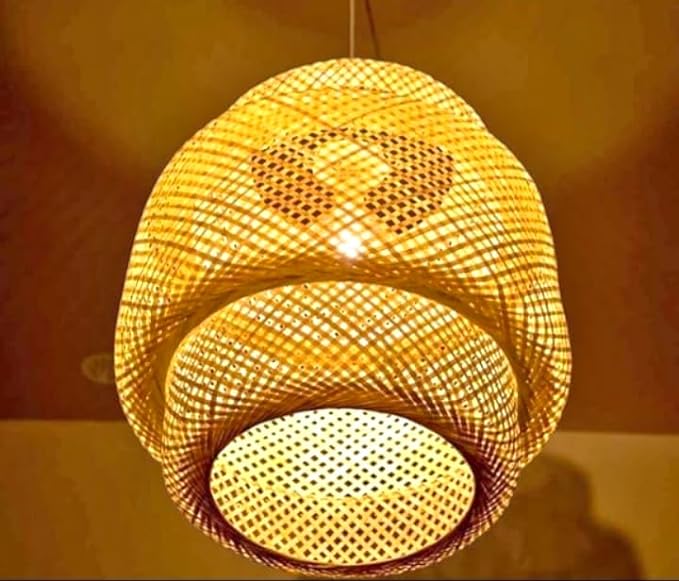 AHUJA  INTERNATIONAL Woven Bamboo Pendant Light Creative Lamp Retro Style Modern Design Beige