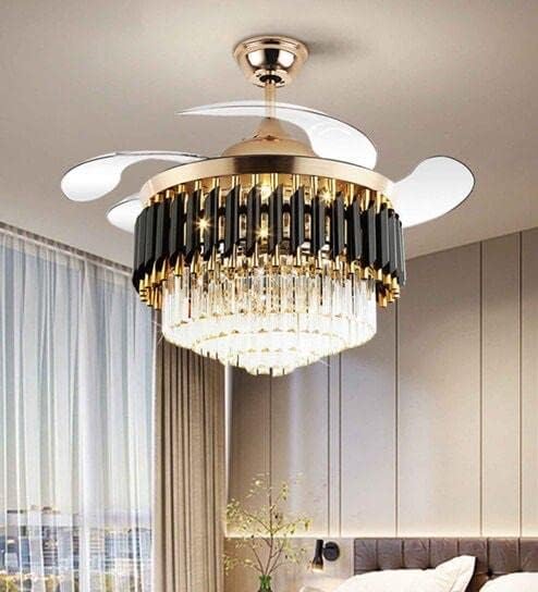 Ahuja international  Modern Creative Design Chandelier Ceiling Fan with LED Lighting,Crystal Chandelier Fan Gold Retractable Ceiling Fan Light