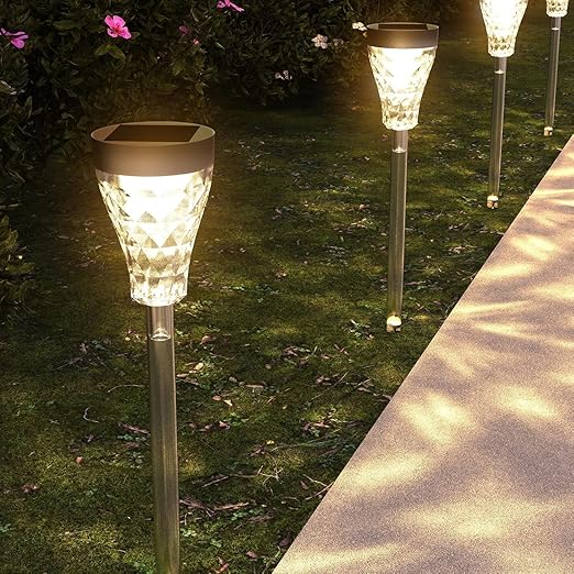 AHUJA INTERNATIONAL Solar Garden Stainless Steel Landscape Lighting Pathway Lights Outdoor, Solar Powered Wireless Waterproof Glass Stainless Steel Landscape Lighting for Lawn, Patio, Yard (Pack 2)