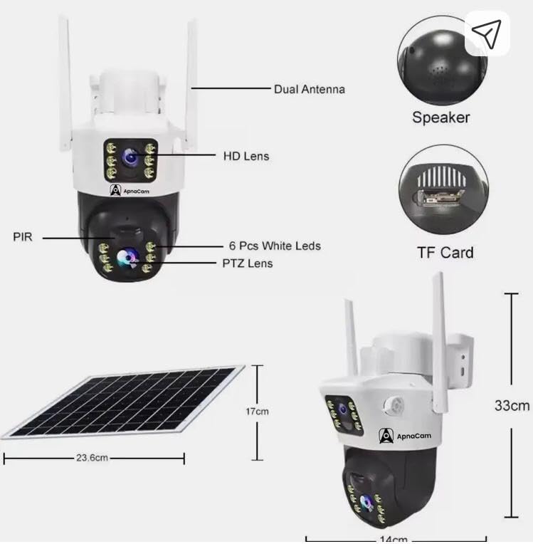 AHUJA INTERNATIONAL Eye SIM Double Camera CCTV Camera 5MP+5MP Dual Lens 4G/5G SIM Enabled Wireless Security Camera 360° Night Vision Human Detection 2-Way Audio V380 Pro App IP66 10000mAh Battery