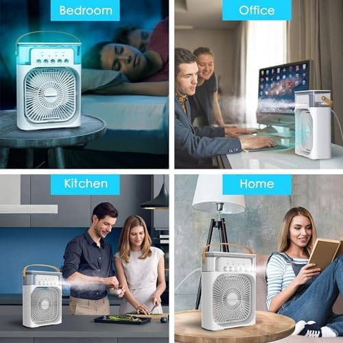 Ahuja International Mini Air Cooler, USB Desk Fan, Personal Evaporative Cooler with 7 Colors Light, 1/2/3 H Timer, 3 Wind Speeds and 3 Spray Modes for Office, Home, Travel Mini Fan