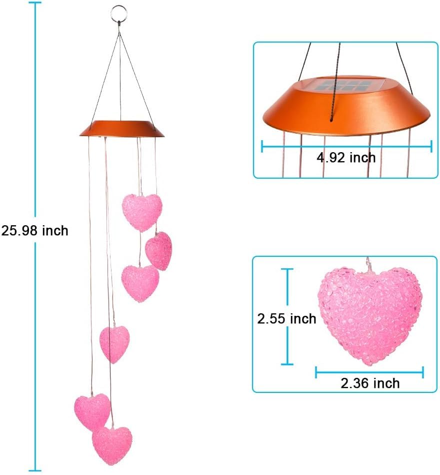 Ahuja International Solar Powered Wind Chime Heart,6 Hearts, Waterproof Outdoor Decorative Romantic Light for Garden,Patio, Porch (Heart)