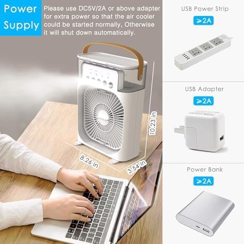 Ahuja International Mini Air Cooler, USB Desk Fan, Personal Evaporative Cooler with 7 Colors Light, 1/2/3 H Timer, 3 Wind Speeds and 3 Spray Modes for Office, Home, Travel Mini Fan