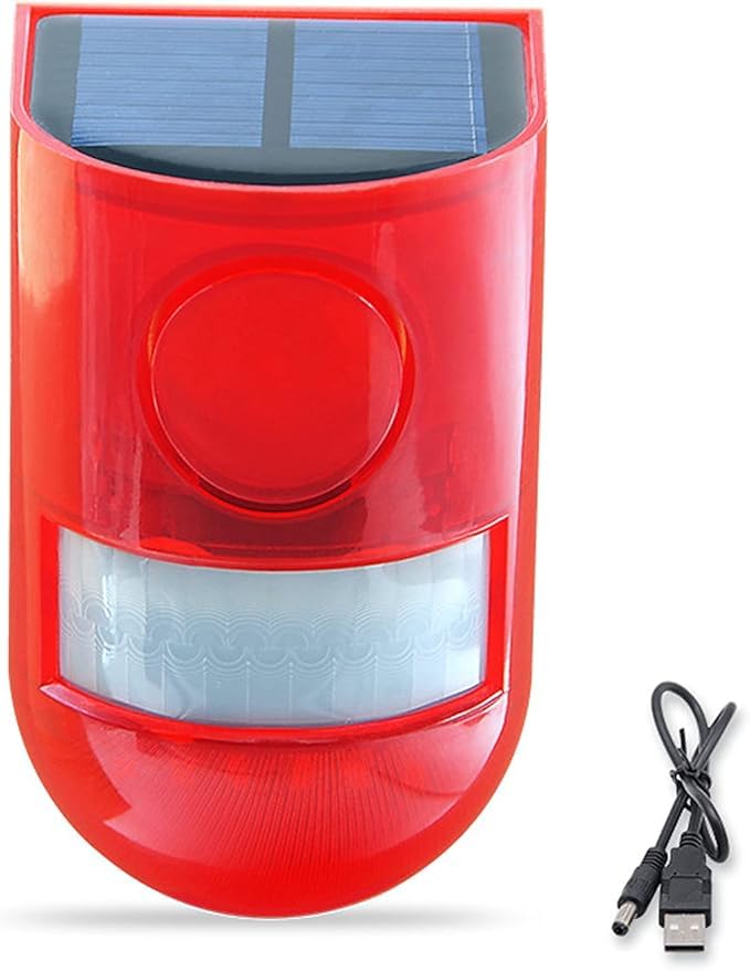 Ahuja International Solar Motion Sensor Loud Security Alarm Siren with Strobe Light, 129dB 4 Modes, IP65 Outdoor Detector, Flashing Red Warning Light for Home, Farm, Warehouse, Garden Pack of 1
