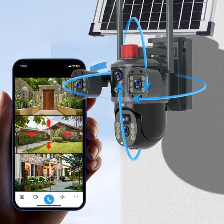 AHUJA INTERNATIONAL Eye Sim 3 View Solar Double 4G/5G Wireless Security CCTV Camera with Solar Panel Dual 2MP FHD Lens Night Vision, Human Detection, 10000mAh Battery, 2-Way Audio, IP66 V380 Pro App