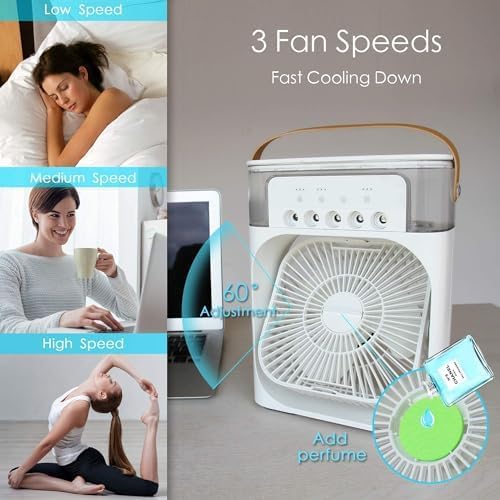Ahuja International Mini Air Cooler, USB Desk Fan, Personal Evaporative Cooler with 7 Colors Light, 1/2/3 H Timer, 3 Wind Speeds and 3 Spray Modes for Office, Home, Travel Mini Fan