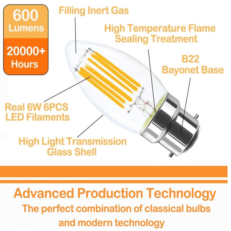 AHUJA INTERNATIONAL Antique Retro Candle Dimmable Vintage Edison Light Bulb 6W Bulb for Chandelier,decorative, jhummar, Cafe Lights Bulb Clear Glass ,Warm & Yellow Pack of 1