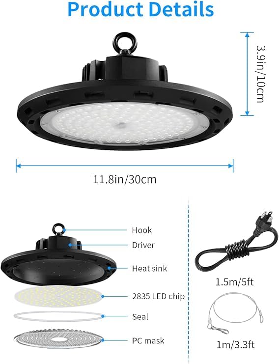 AHUJA INTERNATIONAL High Bay Industrial Hanging Ceiling Light with Cable, IP65 Commercial Warehouse Super Bright Bay Lamp for Garage Workshop Factory , 2 Year Warranty Pack of 1