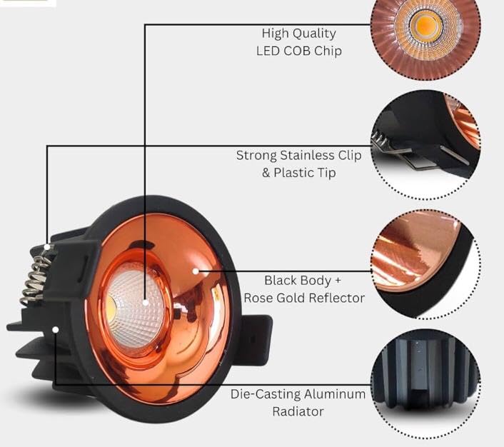 AHUJA INTERNATIONAL Premium Cob Spot Cabinet Ceiling Rose Gold ReflectorLight, Optical Cob, Elegant Spaces with The Brilliance and Beauty of The All-New Premium Cob Light