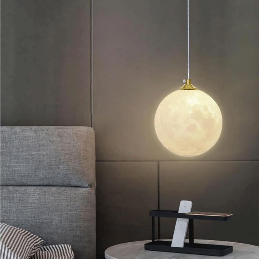 AHUJA INTERNATIONAL Creative Moon Pendant Light, Spherical 3D Printing Hanging Lights, G9 Socket, Suspension Lamp, Modern Minimalist Chandelier for Bedroom Bedside