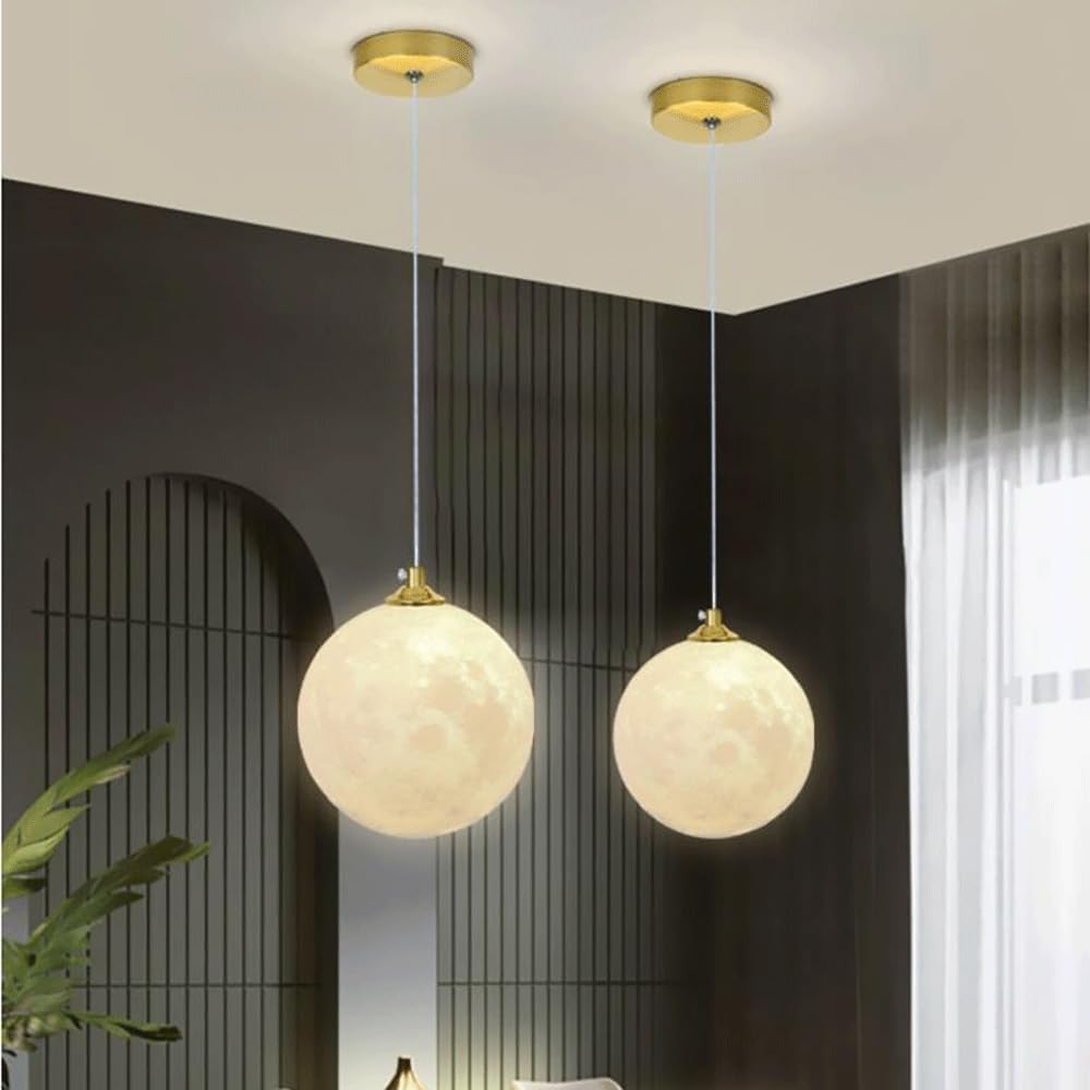 AHUJA INTERNATIONAL Creative Moon Pendant Light, Spherical 3D Printing Hanging Lights, G9 Socket, Suspension Lamp, Modern Minimalist Chandelier for Bedroom Bedside