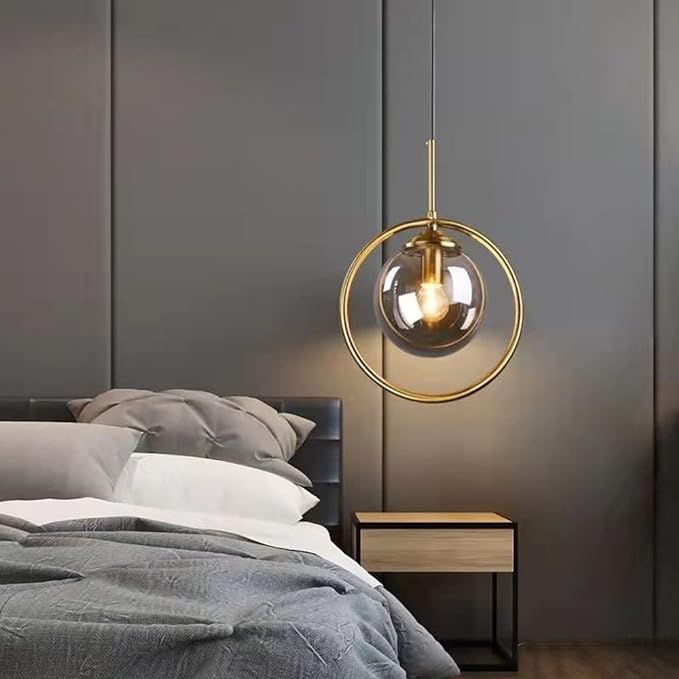 AHUJA INTERNATIONAL gray Pendant Light, Nordic Modern Industrial Pendant Light Crystal Glass Globe Shade Chandelier Bedside Brass Metal Ceiling Hanging Lamp Kitchen Dining Room Indoor Lighting Fixture