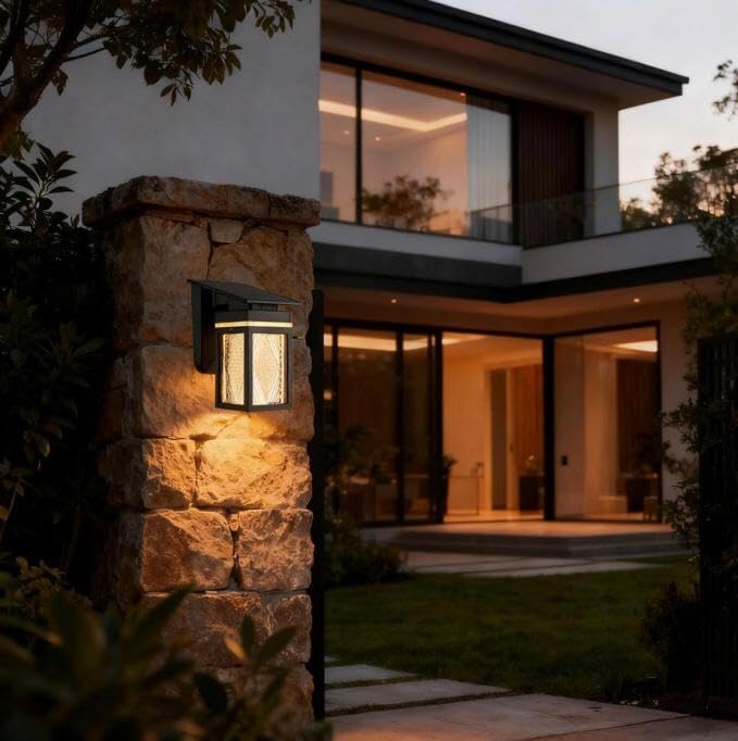 AHUJA INTERNATIONAL Solar Wall Light Round Designer Crystal Waterproof Outdoor Lantern with Remote Control Ambience Switch 3000K-6500K 30W IP65