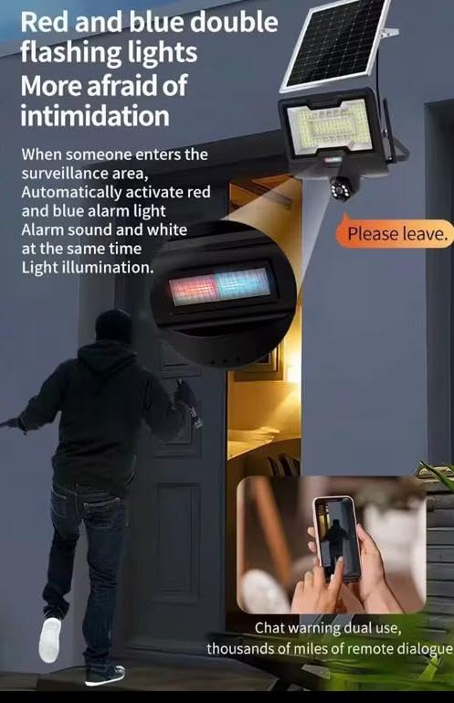 Ahuja International Yodha WiFi Solar CCTV with 150W Solar Flood Light, 5MP FHD PTZ Security Camera, Human Detection, Two-Way Audio, Night Vision, 360° Rotation, IP66 V380 Pro App, 256GB SD Support