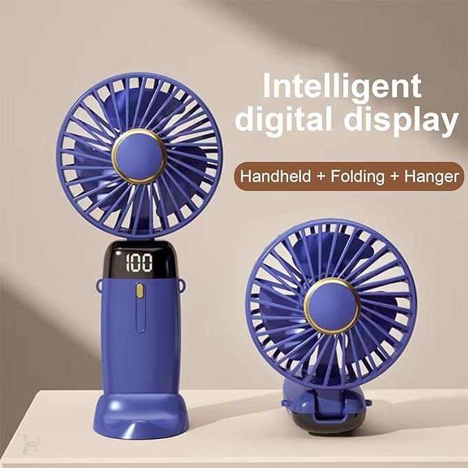 AHUJA INTERNATIONAL Modern Mini Small Fan 3 in 1 Portable USB Rechargeable 5 Speed 6 hours with Display, 90° Foldable Fan For Personal Hand,Neck,Pocket & Desk, Makeup Women Fan Blue , Pack of 1
