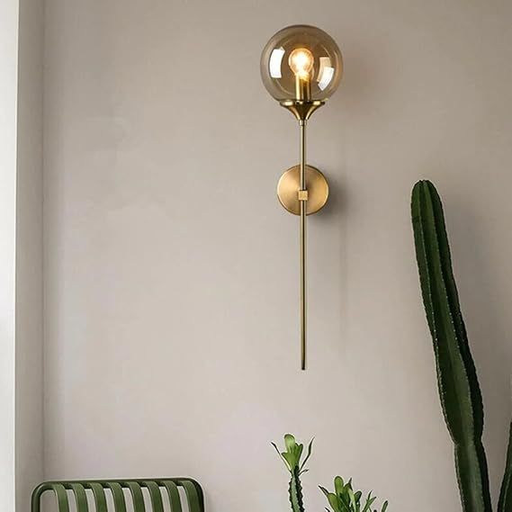 Ahuja International Gold Smoky Grey Glass American Glass Ball Modern Copper Metal Wall Light Stand