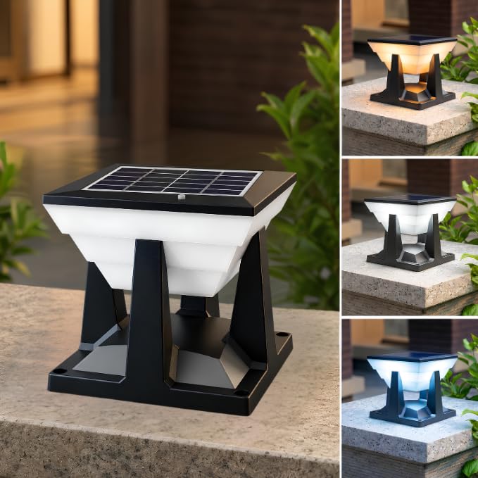 AHUJA INTERNATIONAL Moonlight Solar Gate Light for Outdoor 3 Colour Modes Pillar Light, IP65 Waterproof, Auto On/Off Dusk to Dawn, Wireless Solar Lamp for Gate Post, Boundary Wall, Garden, Balcony Pack of 1