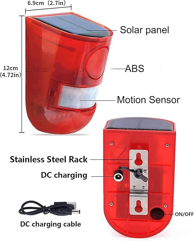 Ahuja International Solar Motion Sensor Loud Security Alarm Siren with Strobe Light, 129dB 4 Modes, IP65 Outdoor Detector, Flashing Red Warning Light for Home, Farm, Warehouse, Garden Pack of 1