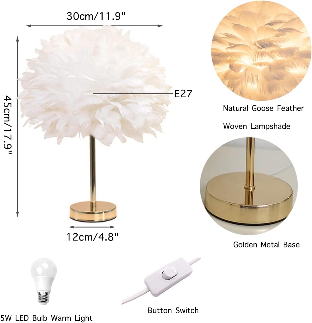 Ahuja International Feather Table Lamp Bedroom Bedside Lamp Creative Romantic Simple Modern Night Light Warm Decorative Light Feather Desk Lampshade