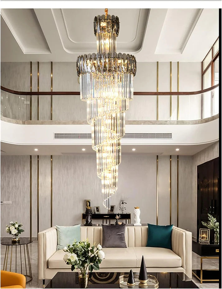 Ahuja International Black Geminus Long Crystal Double Height Chandelier for Staircase, Villa, Lobby, Foyer Entryway, Hotel, Living Room Décor