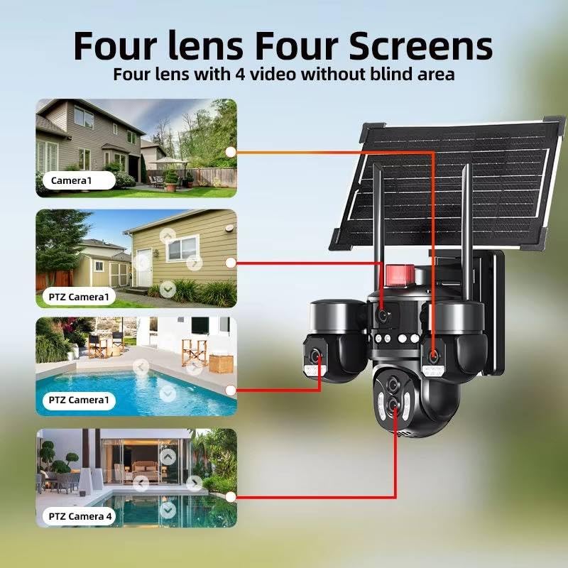 AHUJA INTERNATIONAL SIM 4 Solar CCTV Camera 4 Lens 4G/5G SIM Enabled Wireless Security Camera, 360° View, 4-Way Audio, Night Vision, Human Detection, IP66