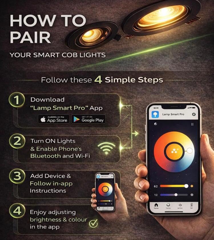 AHUJA INTERNATIONAL Modern Smart App Base WiFi, Add Device Ceiling Recessed 7 Watts APP Control Bluetooth,Secure Installation Cob Light 2-Year Warranty - 60 mm Cut Out, Warm White