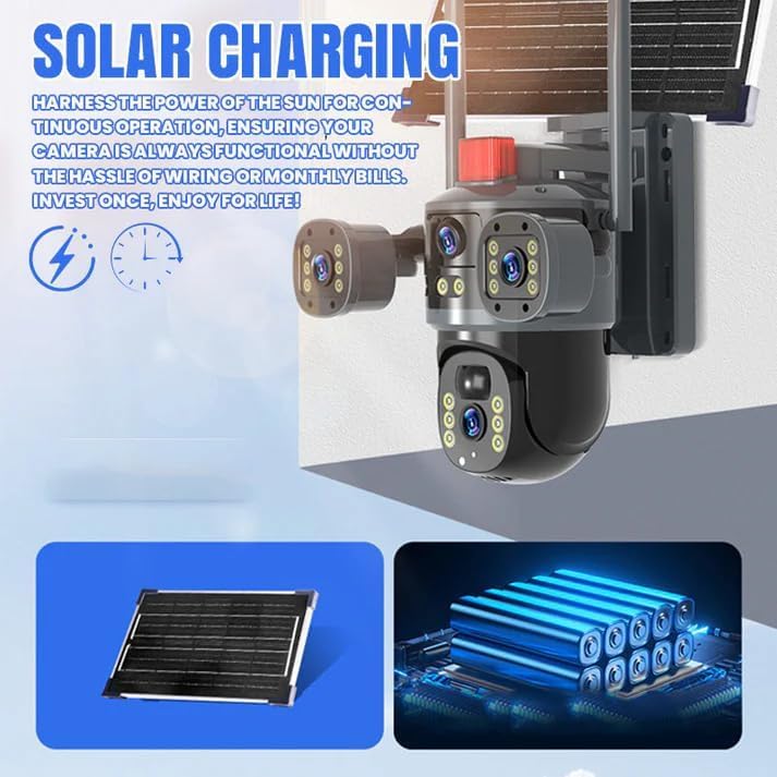 AHUJA INTERNATIONAL Eye Sim 3 View Solar Double 4G/5G Wireless Security CCTV Camera with Solar Panel Dual 2MP FHD Lens Night Vision, Human Detection, 10000mAh Battery, 2-Way Audio, IP66 V380 Pro App