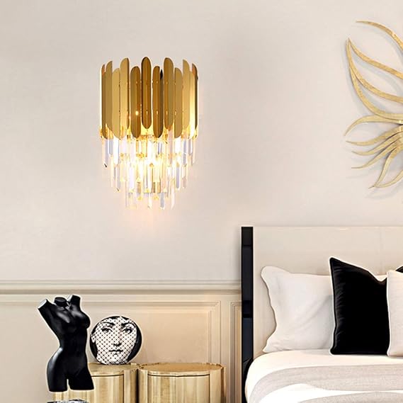 Ahuja International Postmodern Crystal Wall Lamp with 3 Tiered Clear Crystal,Golden Mirror Stainless Steel Wall Light