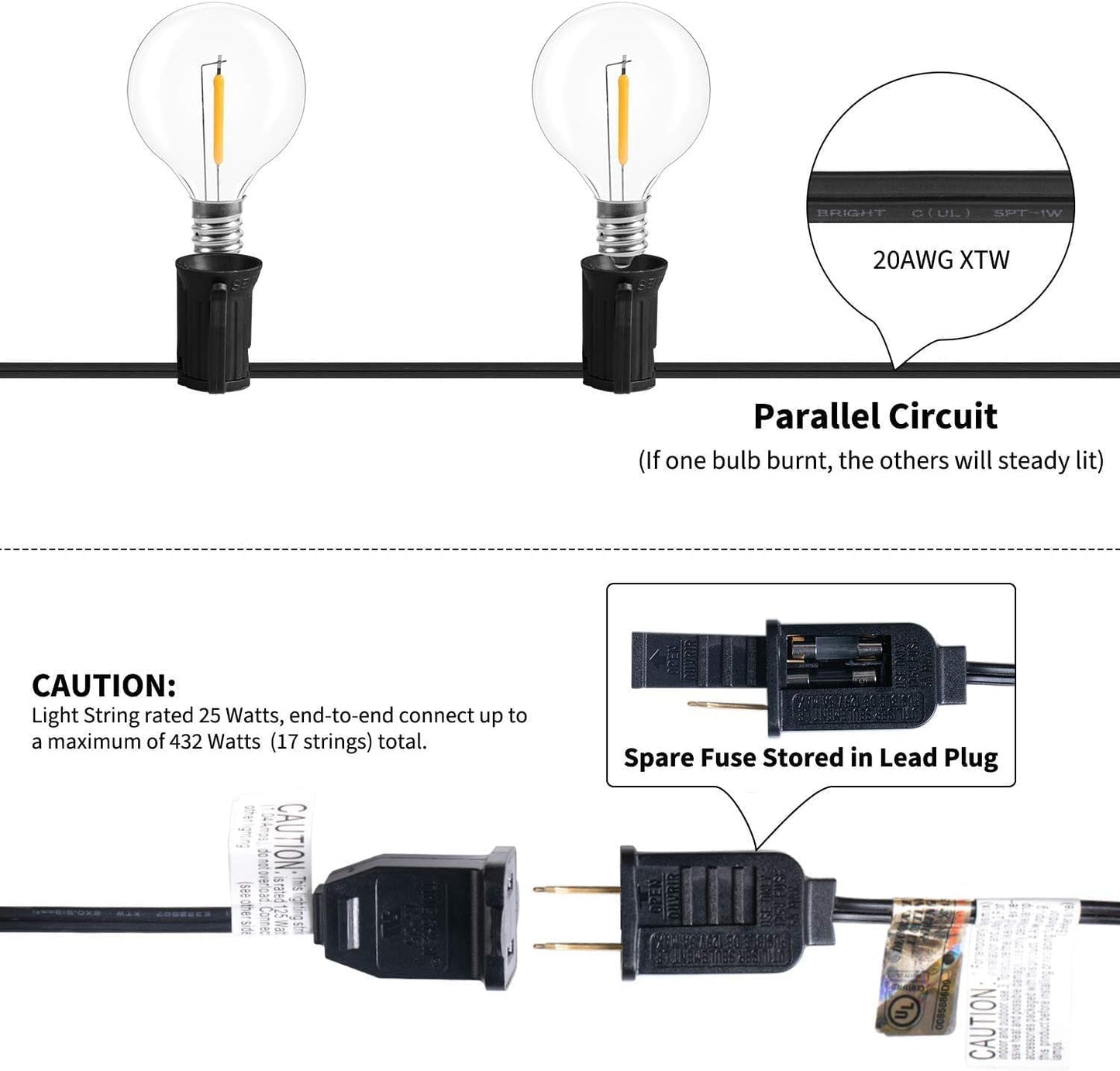 AHUJA INTERNATIONAL 25FT Outdoor Hanging Lights, Plug-in Waterproof Patio Lights with 25 Shatterproof Led Bulbs, Warm White Hanging Light Decor for Backyard Garden Bistro Porch E12 Socket G40 Globe