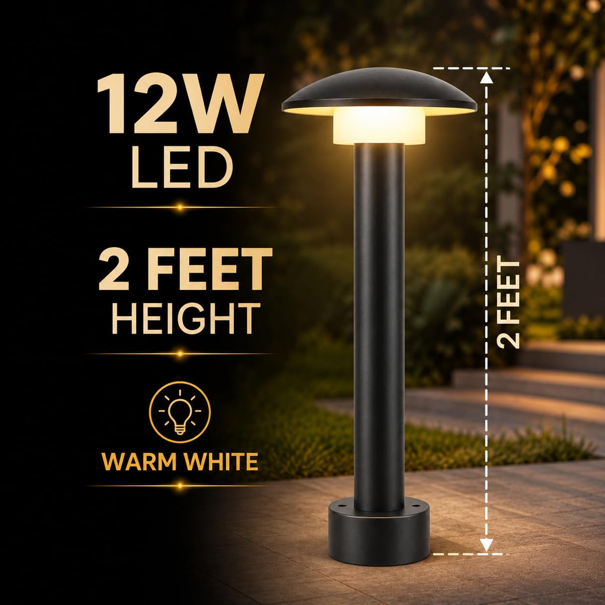AHUJA INTERNATIONAL 12W Bollard Light 2 Feet Outdoor Garden Pathway Light Warm White Decorative Post Light for Lawn, Walkway, Driveway & Landscape IP65 Weather Resistant (2-Year Warranty)