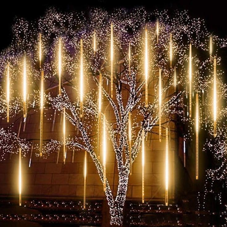 AHUJA INTERNATIONAL 18 /40 Inch Meteor Shower Rain Drop Lights 8 Tubes Falling Icicle Waterproof Outdoor & Hanging Decoration Lights for Christmas Diwali Garden Tree Party Warm White Pack of 1