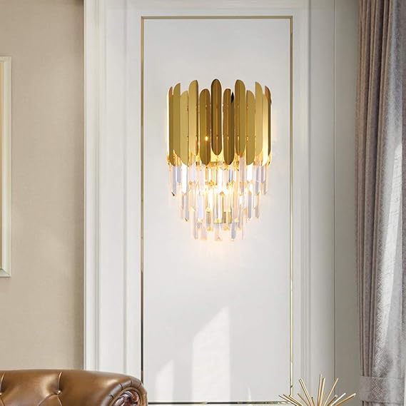 Ahuja International Postmodern Crystal Wall Lamp with 3 Tiered Clear Crystal,Golden Mirror Stainless Steel Wall Light