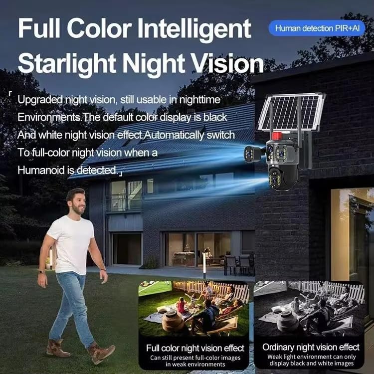 AHUJA INTERNATIONAL Eye WiFi 3 View Solar Double Dual Lens 4G/5G Solar CCTV Camera Wireless 2MP+2MP PTZ Security with Night Vision, Human Detection, 2-Way Audio, V380 Pro App, 128GB Support, IP66
