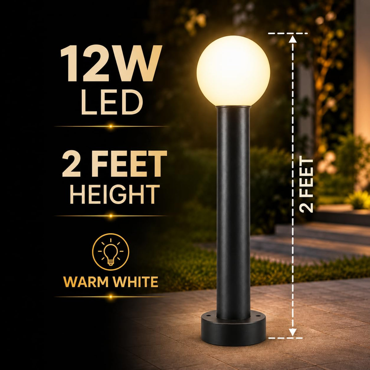 AHUJA INTERNATIONAL 12W Bollard Light 2 Feet Outdoor Garden Pathway Light Warm White Decorative Post Light for Lawn, Walkway, Driveway & Landscape IP65 Weather Resistant (2-Year Warranty)