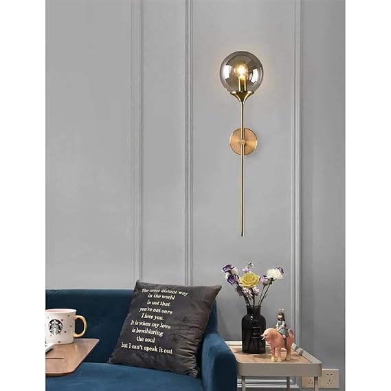 Ahuja International Gold Smoky Grey Glass American Glass Ball Modern Copper Metal Wall Light Stand