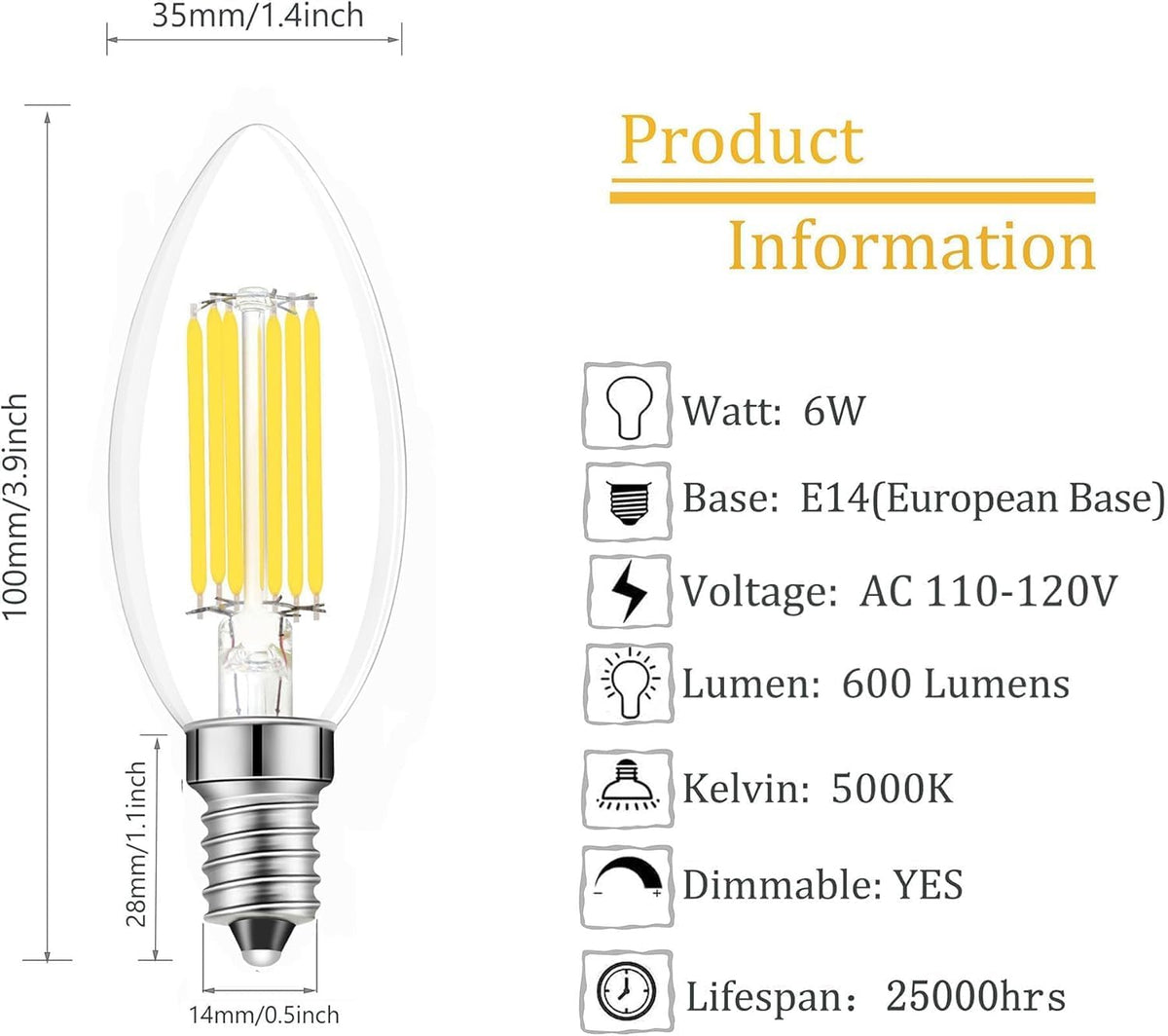 AHUJA INTERNATIONAL Antique Retro Candle Dimmable Vintage Edison Light Bulb 6W Bulb for Chandelier,decorative, jhummar, Cafe Lights Bulb Clear Glass ,Warm & Yellow Pack of 1