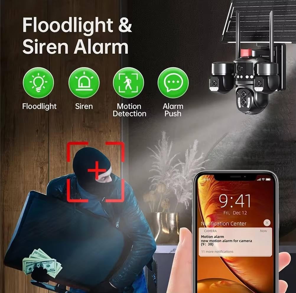 AHUJA INTERNATIONAL SIM 4 Solar CCTV Camera 4 Lens 4G/5G SIM Enabled Wireless Security Camera, 360° View, 4-Way Audio, Night Vision, Human Detection, IP66