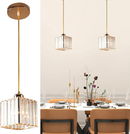 Ahuja International Nordic Hanging Light Metal Pendant Lighting with Crystal Lampshade, Adjustable Height Chandelier, E27 Suspension Lighting Fittings for Kitchen Island Dining Room Mini Gold Pendant Light