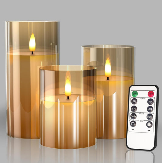 Ahuja International basics Flameless LED Candles with Remote Controller & Timer | Golden Acrylic Fiber Glass | Set of 3 | (Golden)