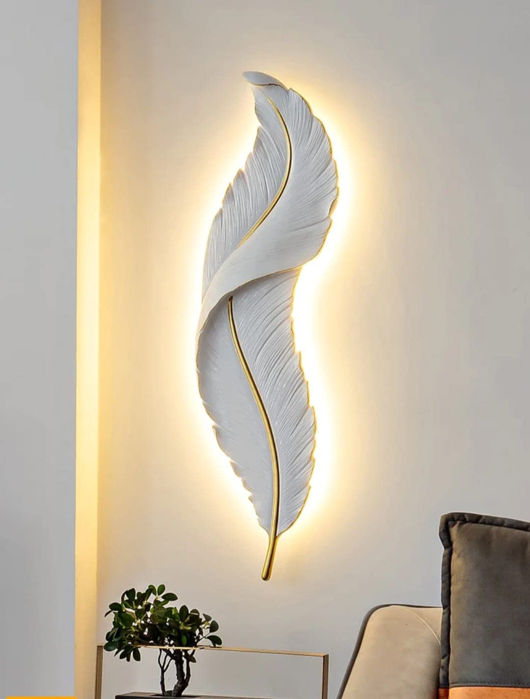 Ahuja International White  LED Wall Light Resin Wall Light Modern Feather Shaped Wall Light Indoor Living Room Wall Lights for Bedroom Hallway Creative Home Decoration (900 MM)