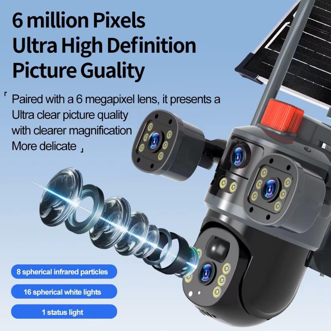 AHUJA INTERNATIONAL Eye WiFi 3 View Solar Double Dual Lens 4G/5G Solar CCTV Camera Wireless 2MP+2MP PTZ Security with Night Vision, Human Detection, 2-Way Audio, V380 Pro App, 128GB Support, IP66