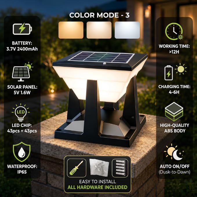AHUJA INTERNATIONAL Moonlight Solar Gate Light for Outdoor 3 Colour Modes Pillar Light, IP65 Waterproof, Auto On/Off Dusk to Dawn, Wireless Solar Lamp for Gate Post, Boundary Wall, Garden, Balcony Pack of 1