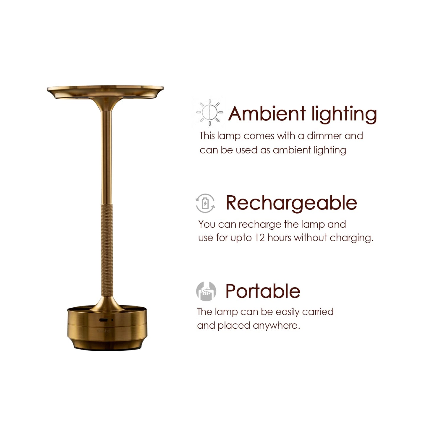 Ahuja International Elegant Cordless Rechargeable Dimmable Waterproof Metallic Touch LED Table Lamp for Stylish Homes and Upscale Restaurants - Portable, USB-C Charging, Perfect for Indoor/Outdoor