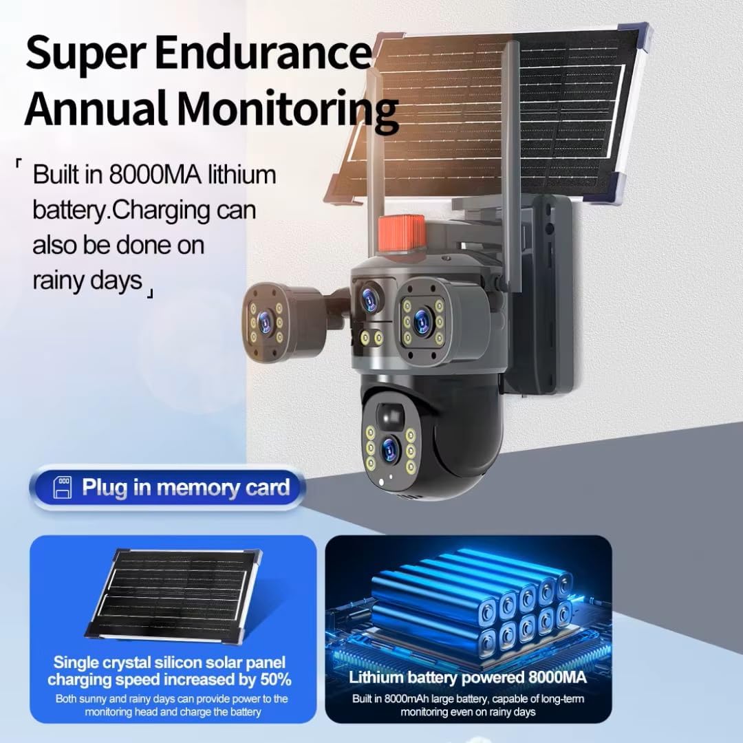 AHUJA INTERNATIONAL Eye WiFi 3 View Solar Double Dual Lens 4G/5G Solar CCTV Camera Wireless 2MP+2MP PTZ Security with Night Vision, Human Detection, 2-Way Audio, V380 Pro App, 128GB Support, IP66