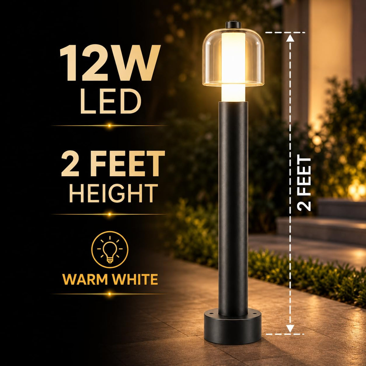AHUJA INTERNATIONAL 12W Bollard Light 2 Feet Outdoor Garden Pathway Light Warm White Decorative Post Light for Lawn, Walkway, Driveway & Landscape IP65 Weather Resistant (2-Year Warranty)