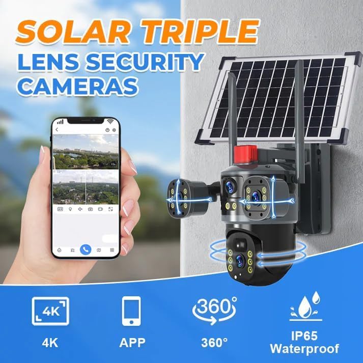 AHUJA INTERNATIONAL Eye Sim 3 View Solar Double 4G/5G Wireless Security CCTV Camera with Solar Panel Dual 2MP FHD Lens Night Vision, Human Detection, 10000mAh Battery, 2-Way Audio, IP66 V380 Pro App