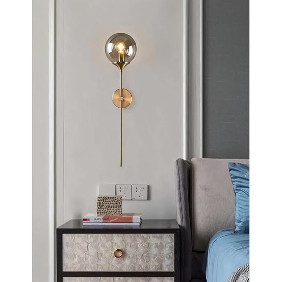 Ahuja International Gold Smoky Grey Glass American Glass Ball Modern Copper Metal Wall Light Stand