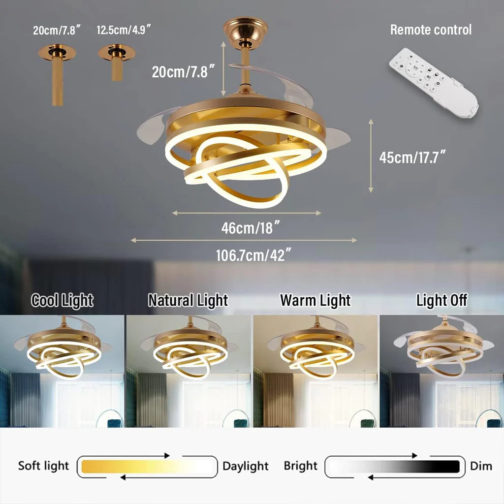 Ahuja international  Invisible Golden Rings Ceiling Fan Chandelier with Remote Control Retractable ABS Blades